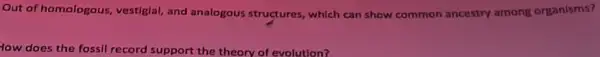 Out of homologous, vestigial,and analogous structures which can show common ancestry among organisms?
low does the fossil record support the theory of evolution?