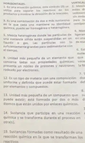 HORIZONTALES.
1. En una ecuación quimica.este simbolo (square ) se
utiliza para separar los reactivos de los
productos y mostrar la dirección de la reacción.
3. Es una combinación de dos o más sustancias
en la que cada una mantiene su identic lad
quimica, puede ser homogénez o heterogénea.
5. Mezcla heterogénea donde las particulas de
una sustancia sóllda estân suspendidas en un
llquido o gas, Las particulas son lo
suficientemente grandes para sedimentarse con
el tiempo.
9. Unidad más pequeña de un elemento que que
conserve todas sus propledades quimicas;
presenta un núcleo de protones y neutrones
rodeado por electrones.
12. Es un tipo de materia con una composición
uniforme y definida que puede estar formada
por elementos y compuestos.
13. Unidad más pequeña de un compuesto que
puede existir; está formada por dos o más
itomos que están unidos por enlaces quimicos.
14. Sustancla que particlpa en una reacción
quimica y se transforma durante el proceso en
otra(s).
VERTICAL
2. Mexcl
15. Sustancias formadas como resultado de una
reacción quimica en la que se transforman los
reactivos