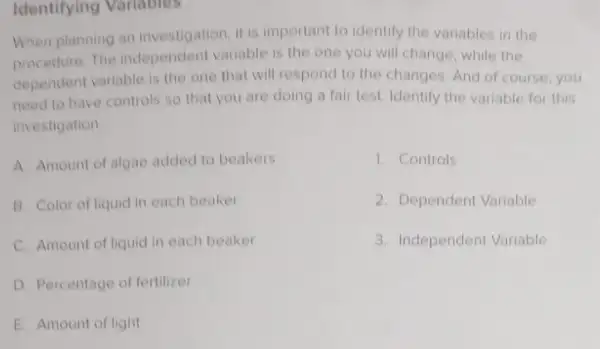 Identifying Variables
When planning an investigation, it is important to identify the variables in the
procedure. The independent variable is the one you will change, while the
dependent variable is the one that will respond to the changes. And of course, you
need to have controls so that you are doing a fair test Identify the variable for this
investigation
A. Amount of algae added to beakers
B. Color of liquid in each beaker
C. Amount of liquid in each beaker
D. Percentage of fertilizer
E. Amount of light
1. Controls
2. Dependent Variable
3. Independent Variable