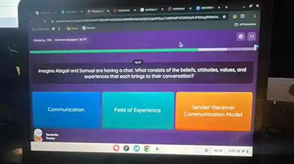 Imagine Ablgoil and Somuel are having a chat. What consists of the beliefs,attitudes, volues, and
experiences that at each brings to their conversation?
Communication
Field of Experience
Sender-Receiver
Communication Model