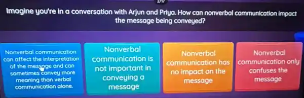 Imagine you're in a conversation with Arjun and Priyo. How can nonverbolcommunication impoct
the message being conveyed?
Nonverbal communication
can affect the Interpretation
of the messgge and can
sometimes convey more
meaning than verbol
communication alone.
Nonverbal
communication is
not important in
conveying a
message
Nonverbal
communication has
no impact on the
message
Nonverbal
communication only
confuses the
message