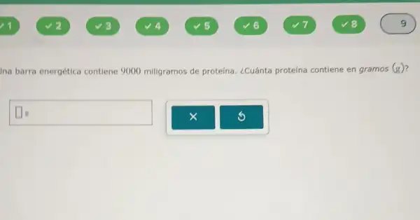 Ina barra energética contiene 9000 millgramos de proteína ¿Cuánta proteina contiene en gramos (g)