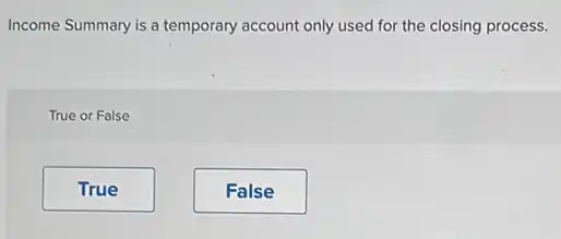 Income Summary is a temporary account only used for the closing process.
True or False
True
False