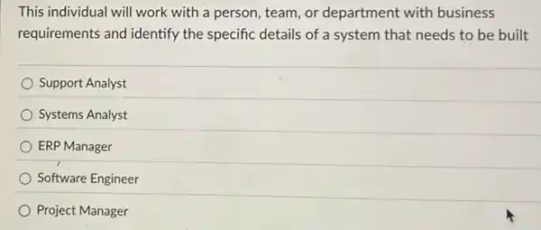 This individual will work with a person, team , or department with business
requirements and identify the specific details of a system that needs to be built
Support Analyst
Systems Analyst
ERP Manager
Software Engineer
Project Manager