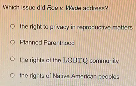 Which issue did Roe v. Wade address?
the right to privacy in reproductive matters
Planned Parenthood
the rights of the LGBTQ community
the rights of Native American peoples