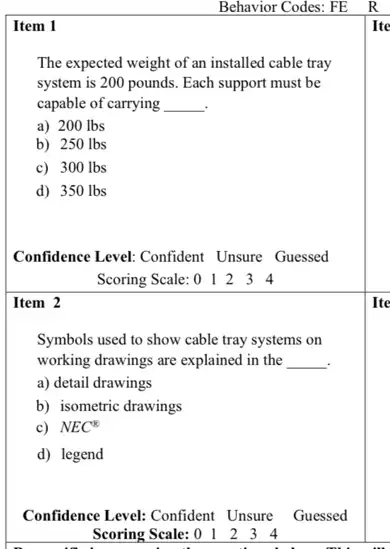 Item 1
Item 2
Behavior Codes: FE
The expected weight of an installed cable tray
system is 200 pounds.Each support must be
capable of carrying __
a) 200 Ibs
b) 250 lbs
c) 3001bs
d) 350 lbs
Confidence Level: Confident Unsure Guessed
Scoring Scale: 012 3 4
Symbols used to show cable tray systems on
working drawings are explained in the __
a) detail drawings
b) isometric drawings
c) NEC^8
d) legend
Confidence Level: Confident Unsure Guessed
Scoring Scale: 01234
Ite
Ite