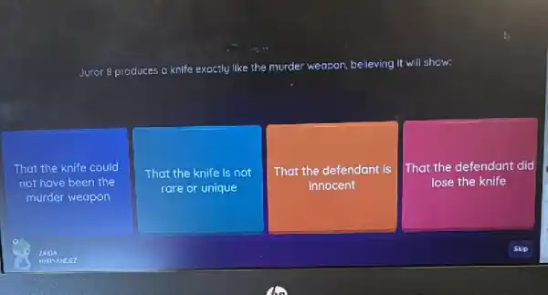 Juror 8 produces o knife exactly like the murder weapon, believing it will show:
That the knife could
not have been the
murder weapon
That the knife is not
rare or unique
That the defendant is
innocent
That the defendant did
lose the knife