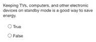 Keeping TVs, computers, and other electronic
devices on standby mode is a good way to save
energy.
True
False
