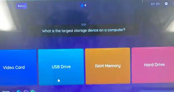 What is the largest storage device on a computer?
Video Card
USB Drive
RAM Memory
Hard Drive