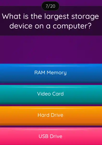 What is the largest storage
device on a computer?
RAM Memory
Video Card
Hard Drive
USB Drive