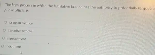 The legal process in which the legislative branch has the authority to potentially remove a
public official is
losing an election
executive removal
impeachment
indictment