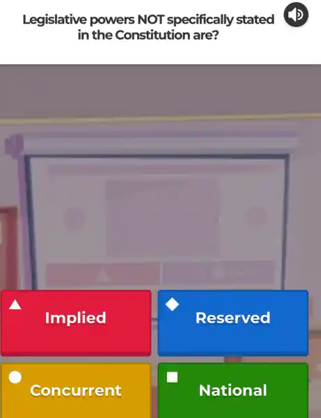 Legislative powers NOT specifically stated (P)
in the Constitution are?
Implied
Reserved
Concurrent
National
