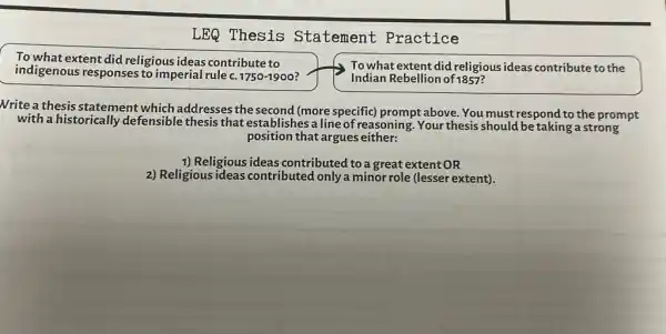 LEQ Thesis Statement Practice
To what extent did religious ideas contribute to
indigenous responses to imperial rule c. 1750-1900?
To what extent did religious ideas contribute to the
Indian Rebellion of1857?
Nrite a thesis statement which addresses the second (more specific)promptabove. You must respond to the prompt
with a historically defensible thesis that establishes a line of reasoning. Your thesis should betaking a strong
position that argues either:
1) Religious ideas contributed to a great extent OR
2) Religious ideas contributed only a minor role (lesser extent).