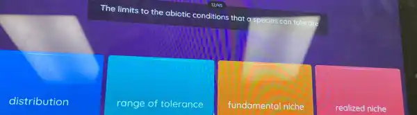 The limits to the abiotic conditions that a species can tolerate
distribution
range of tolerance
fundamental niche
realized