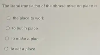 The literal translation of the phrase mise en place is
the place to work
to put in place
to make a plan
to set a place