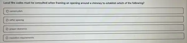 Local fire codes must be consulted when framing an opening around a chimney to establish which of the following?
correct pitch
rafter spacing
proper clearance
insulation requirements