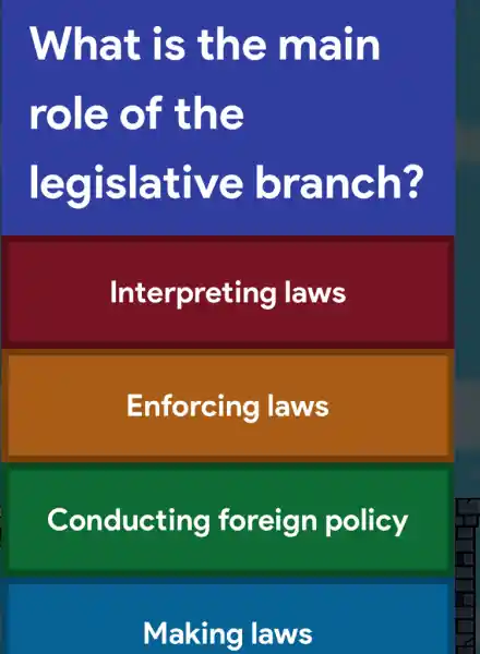 What is the main
role of the
legislative branch?
Interpreting I laws
Enforcing I laws
Conducting foreign policy
Making laws