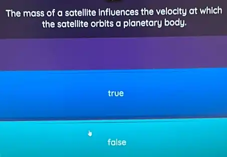 The mass of a satellite Influences the velocity at which
the satellite orbits a planetary body.
true
false