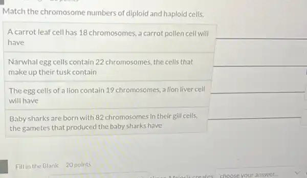 Match the chromosome numbers of diploid and haploid cells.
square 
A carrot leaf cell has 18 chromosomes, a carrot pollen cell will
have
Narwhal egg cells contain 22 chromosomes, the cells that
make up their tusk contain
The egg cells of a lion contain 19 chromosomes a lion liver cell
will have
Baby sharks are born with 82 chromosomes in their gill cells,
the gametes that produced the baby sharks have
square