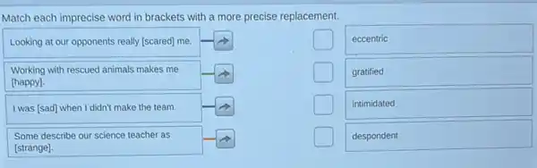Match each imprecise word in brackets with a more precise replacement.
Looking at our opponents really [scared] me.
Working with rescued animals makes me [happy].
I was [sad] when I didn't make the team.
Some describe our science teacher as [strange].
eccentric
gratified
intimidated
despondent