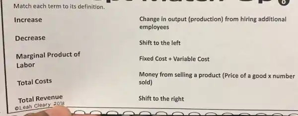 Match each term to its definition.
Increase
Decrease
Marginal Product of
Labor
Total Costs
Total Revenue
QLeah Cleary 2018
Change in output (production) from hiring additional
employees
Shift to the left
Fixed Cost+Variable Cost
Money from selling a product (Price of a good x number
sold)
Shift to the right