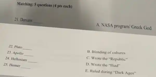 Matching: 5 questions (4 pts each)
21. Dorians __
A. NASA program/Greek God
22. Plato __
23. Apollo __
24. Hellenism __
25. Homer __
B. Blending of cultures
C. Wrote the "Republic"
D. Wrote the "Iliad"
E. Ruled during "Dark Ages"