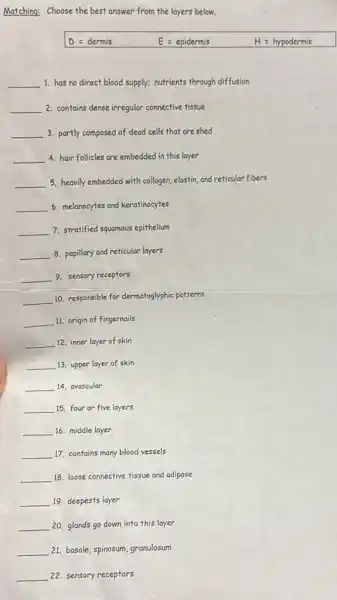Matching: Choose the best answer from the layers below.
D=dermis
E=epidermis
__ 1. has no direct blood supply: nutrients through diffusion
__ 2. contains dense irregular connective tissue
__ 3. partly composed of deod cells that are shed
__ 4. hair follicles are embedded in this layer
__ 5. heavily embedded with collegen, elastin, and reticular fibers
__ 6. melanocytes and keratinocytes
__ 7. stratified squamous epithelium
__ 8. papillary and reticular layers
__ 9. sensory receptors
__ 10. responsible for dermatoglyphic patterns
__ 11. origin of fingernails
__ 12. inner layer of skin
__ 13. upper layer of skin
__ 14. avascular
__ 15. four or five layers
__ 16. middle layer
__ 17. contains many blood vessels
__ 18. loose connective tissue and adipose
__ 19. deepests layer
__ 20. glands go down into this layer
__ 21. basale, spinosum, granulosum
__ 22. sensory receptors