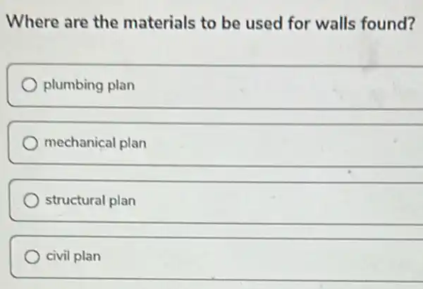 Where are the materials to be used for walls found?
plumbing plan
mechanical plan
__
structural plan
civil plan