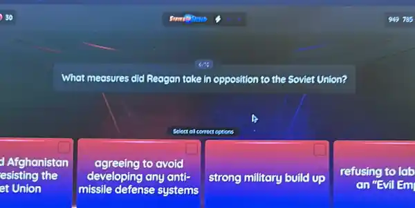 What measures did Reagan gan take in opposition to the Soviet Union?
Select of corroct options
Afghanistan
esisting the
et Union
agreeing to avoid
developing any anti-
missile defense systems
strong military build up
refusing to lab
an "Evil Em