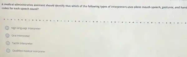 A medical administrative assistant should identify that which
of the following types of interpreters uses silent mouth speech, gestures, and hand
codes for each speech sound?
Sign language interpreter
Oral interpreter
Tactile interpreter
Qualified medical interpreter