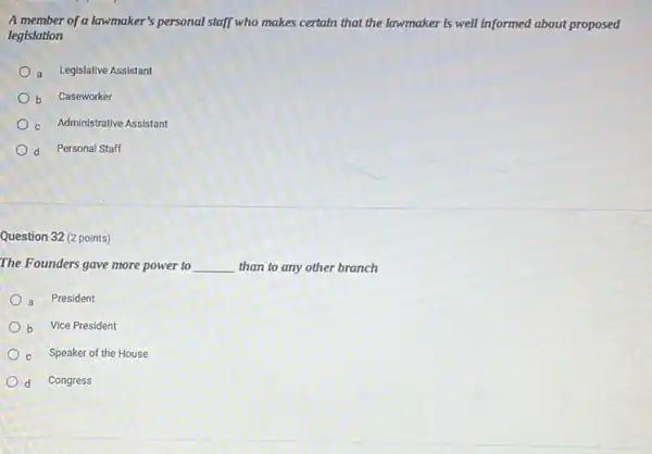 A member of a lawmaker's personal staff who makes certain that the lawmaker is well informed about proposed
legislation
a Legislative Assistant
b Caseworker
c Administrative Assistant
d Personal Staff
Question 32 (2 points)
The Founders gave more power to __ than to any other branch
a President
b Vice President
c Speaker of the House
d Congress