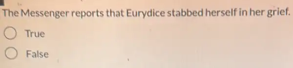 The Messenger reports that Eurydice stabbed herself in her grief.
True
False