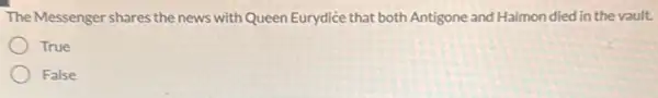 The Messenger shares the news with Queen Eurydice that both Antigone and Haimon died in the vault.
True
False