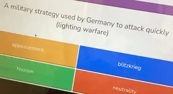 A military strategy used by Germany to attack quickly
(lighting warfare)
appeasement
blitzkrieg
Nazism
neutrality