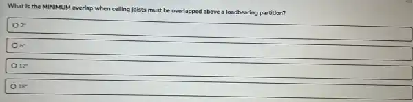 What is the MINIMUM overlap when ceiling joists must be overlapped above a loadbearing partition?
3^n
6''
12^n
18''