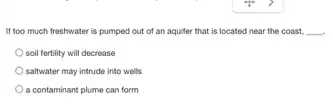 If too much freshwater is pumped out of an aquifer that is located near the coast, __
soil fertility will decrease
saltwater may intrude into wells
a contaminant plume can form