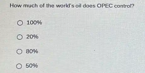 How much of the world's oil does OPEC control?
100% 
20% 
80% 
50%