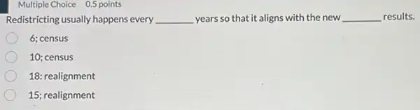 Multiple Choice 0.5 points
Redistricting usually happens every __ years so that it aligns with the new __ results.
6; census
10; census
18: realignment
15; realignment