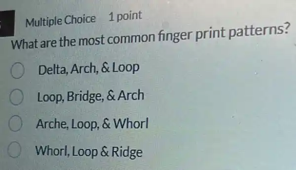 Multiple Choice 1 point
What are the most common finger print patterns?
Delta, Arch, & Loop
Loop, Bridge, &Arch
Arche, Loop,Whorl
Whorl, Loop Ridge