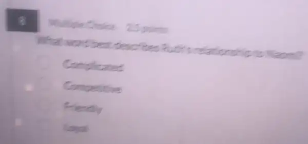Multiple Choice 25 points
What word best describes Ruth's relationship to Naomi?
Complicatied
Competitive
Fiendly
Lowal