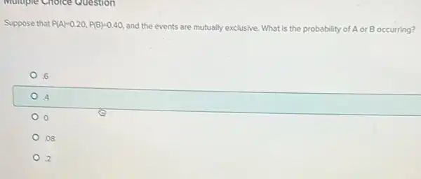 Multiple Choice Question
Suppose that P(A)=0.20,P(B)=0.40
and the events are mutually exclusive. What is the probability of A or B occurring?
6
4
0
.os
2