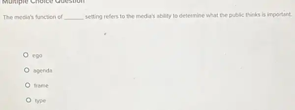 Multiple Choice Question
The media's function of __ setting refers to the media's ability to determine what the public thinks is important.
ego
agenda
frame
type