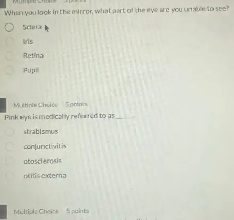 Multiple Choice Spoints
When you look in the mirror, what part of the eye are you unable to see?
Sclera
Iris
Retina
Pupil
Multiple Choice 5 points
Pink eye is medically referred to as __
.
strabismus
conjunctivitis
otosclerosis
otitis externa