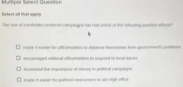 Multiple Select Question
Select all that apply
The rise of candidate -centered campaigns has had which of the following positive effects?
made it easier for officeholders to distance themselves from government's problems
encouraged national officeholders to respond to local issues
increased the importance of money in political campaigns
made it easier for political newcomers to win high office