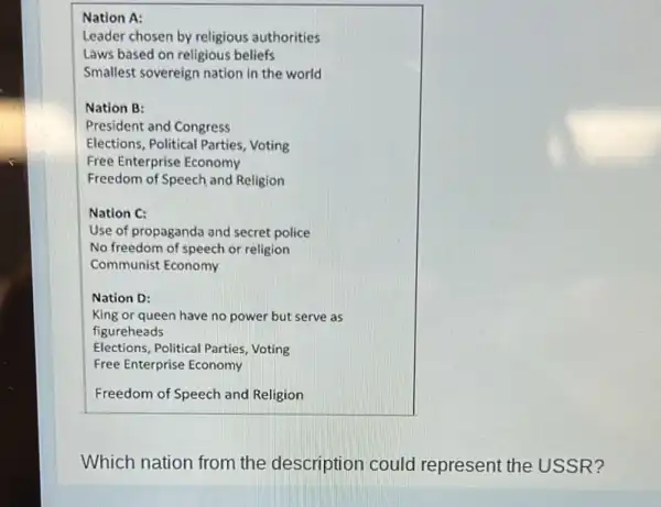 Nation A:
Leader chosen by religious authorities
Laws based on religious beliefs
Smallest sovereign nation in the world
Nation B:
President and Congress
Elections, Political Parties Voting
Free Enterprise Economy
Freedom of Speech and Religion
Nation C:
Use of propaganda and secret police
No freedom of speech or religion
Communist Economy
Nation D:
King or queen have no power but serve as
figureheads
Elections, Political Parties Voting
Free Enterprise Economy
Freedom of Speech and Religion
Which nation from the description could represent the USSR?