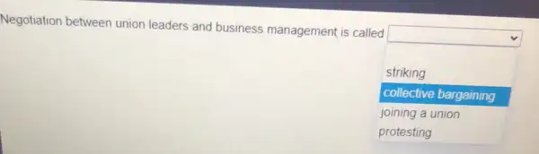 Negotiation between union leaders and business management is called
square 
disappointed
striking
collective bargaining
joining a union