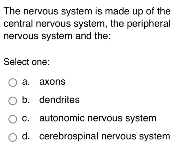 The nervous system is made up of the
central nervous system, the peripheral
nervous system and the:
Select one:
a. axons
b. dendrites
c. autonomic ; nervous system
d.cerebrospinal nervous system