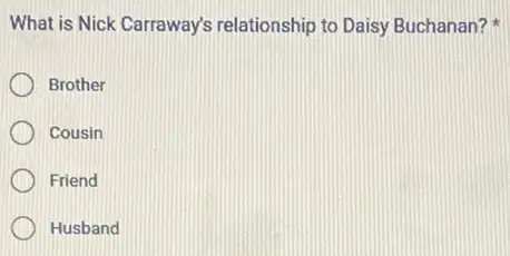 What is Nick Carraway's relationship to Daisy Buchanan?
Brother
Cousin
Friend
Husband