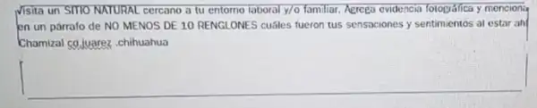 Nisita un SITIO NATURAL cercano a tu entorno laboral y/0 familiar. Aerega evidencia fotografica y mencioning
en un parrafo de NO MENOS DE 10 RENGLONES cuáles fueron tus sensociones y sentimientos al estar ah
Chamizal cg,juarez, chihuahua