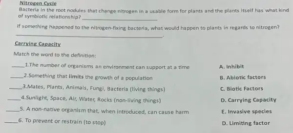 Nitrogen Cycle
Bacteria in the root nodules that change nitrogen in a usable form for plants and the plants itself has what kind
of symbiotic relationship? __
If something happened to the nitrogen-fixing bacteria , what would happen to plants in regards to nitrogen?
__
Carrying Capacity
Match the word to the definition:
__ 1.The number of organisms an environment can support at a time
__ 2.Something that limits the growth of a population
__ 3.Mates, Plants, Animals, Fungi Bacteria (living things)
__ 4.Sunlight, Space, Air, Water,Rocks (non-living things)
__ 5. A non-native organism that when introduced, can cause harm
__ 6. To prevent or restrain (to stop)
A. Inhibit
B. Abiotic factors
C. Biotic Factors
D. Carrying Capacity
E. Invasive species
D. Limiting factor